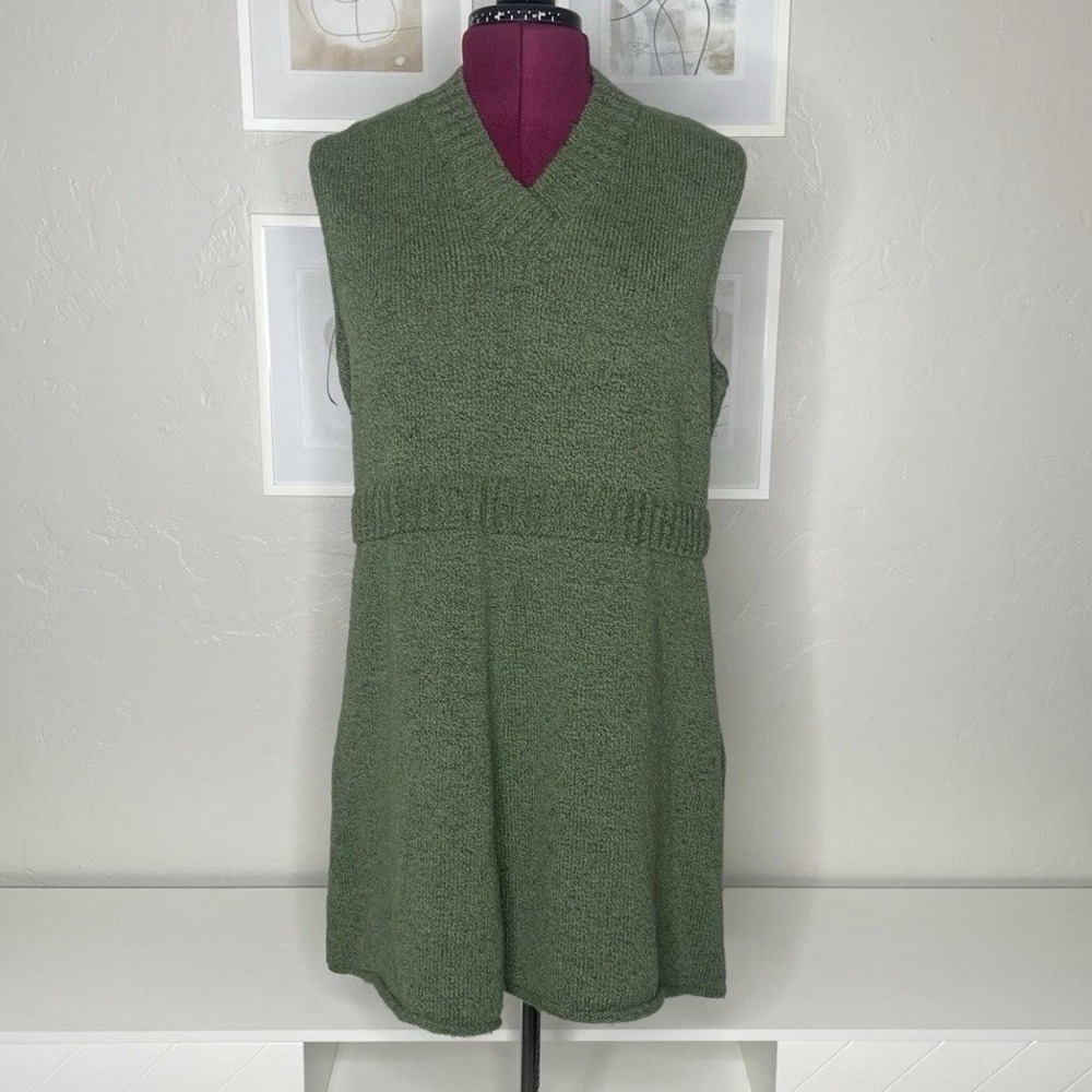 Flax Sweater Vest Dress Women S/M Green‎ Wool Blend V-Neck Empire Waist Knit